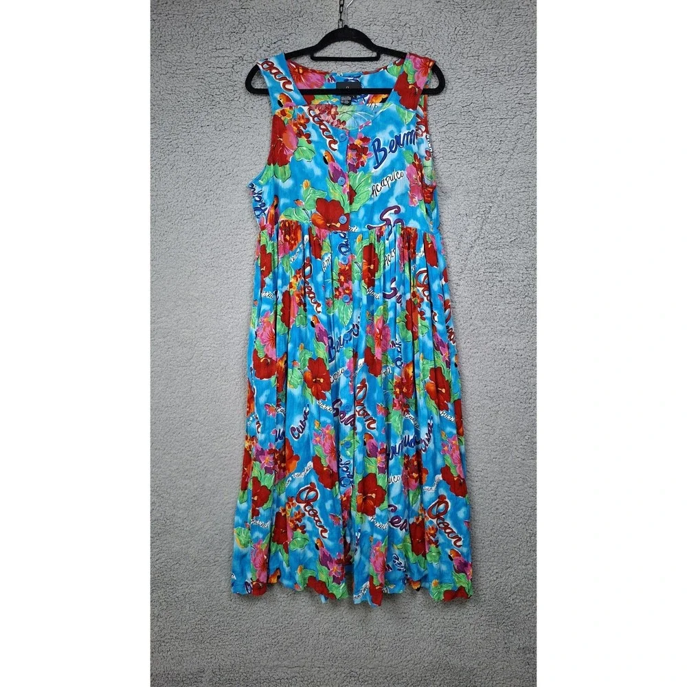 Vintage Carole Little Dress L Button Front Pleated Modest Maxi Boho Blue Tropics